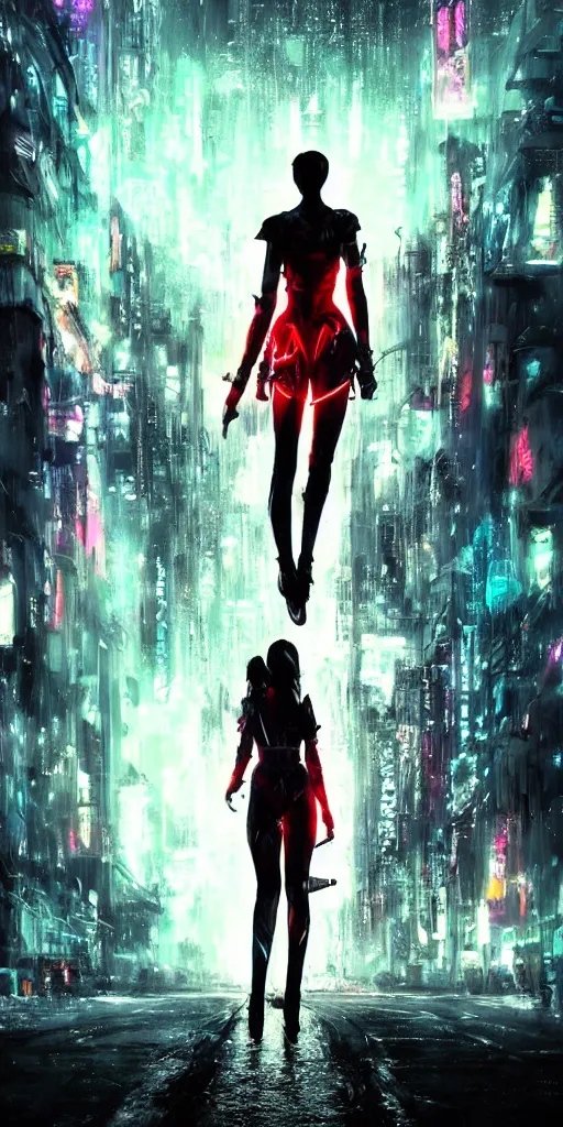 Image similar to back shot of one beautiful girl warrior in punk jacket gazing back into distance land, holding two swords that glows in neon red. standing on wet road, digital art by wlop. artstation contest winner, cinematic paint. lower shot. dramatic cloud and ruined city in background. blade runner