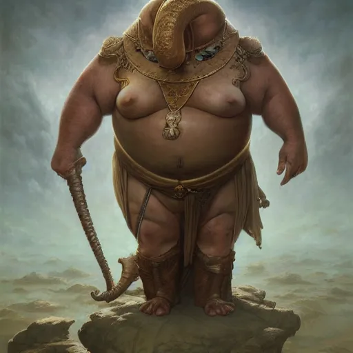 Image similar to fantasy portrait, portly elephantine man, wearing loincloth, holding holy symbol, rpg game, main character, detailed, digital painting, artstation, sharp focus, illustration, tomasz alen kopera, peter mohrbacher, donato giancola, joseph christian leyendecker, wlop, frank frazetta