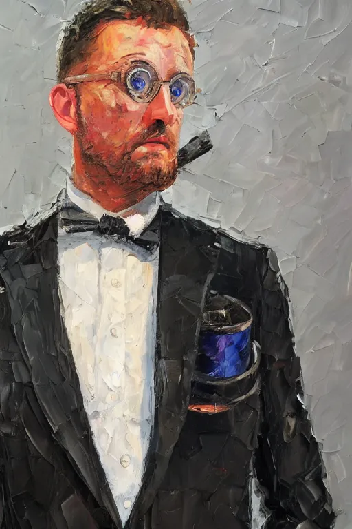 Image similar to palette knife oil painting portrait of graham, a fellow in a three - piece suit and monocle, peering over from his heavy, lacquered oak reception desk, extreme detail, artstation trending, artgerm, any racial background, deviant art, close up, octane, substance, art history 8 k