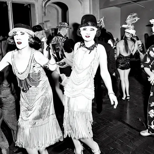 Image similar to impressionist noir rave party, where distinguished flappers meet swing king hippies