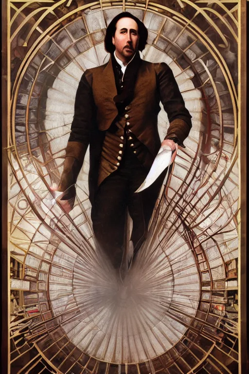 Prompt: a dramatic ethereal epic painting of nicolas cage holding the declaration of independence| tarot card, art deco, art nouveau, realistic | dramatic lighting | by Dresden Codak, by Mark Maggiori and Alphonse Mucha | trending on artstation