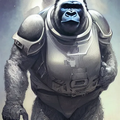 Image similar to detailed science - fiction character portrait of a silverback gorilla wearing a white armored space suit, intricate, wild, highly detailed, digital painting, artstation, concept art, smooth, sharp focus, illustration, art by artgerm and greg rutkowski and alphonse mucha