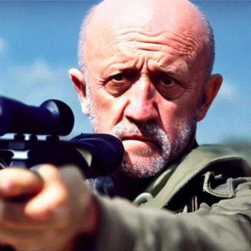 Prompt: A film still of Mike Ehrmantraut aiming a !!!sniper rifle!!!, 4k, !!highly detailed!!