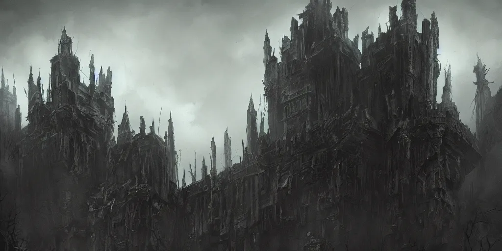 Image similar to grimdark fantasy fortress, ruined, terrifying architecture, looming, dark, fog, dark souls, artstation