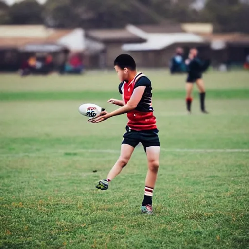 Image similar to Justin Sun kicking, baby flying through a field goal, professional Australian Rules Football photography