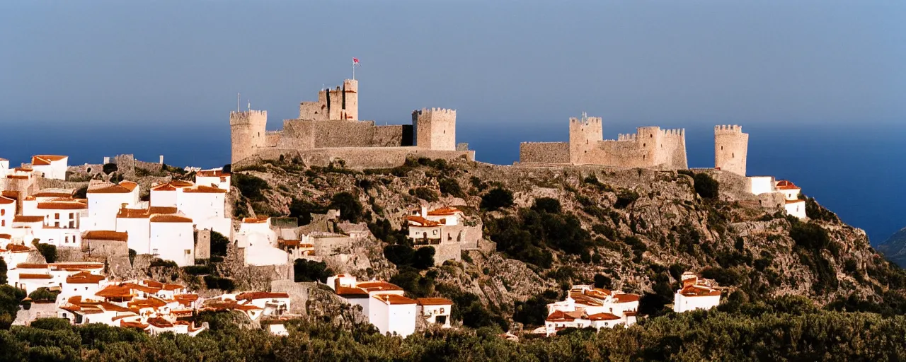 Prompt: 35mm photo of the Spanish castle of Salobrena on the top of a large rocky hill overlooking a white Mediterranean town, white buildings with red roofs, ocean and sky by Gregory Crewdson