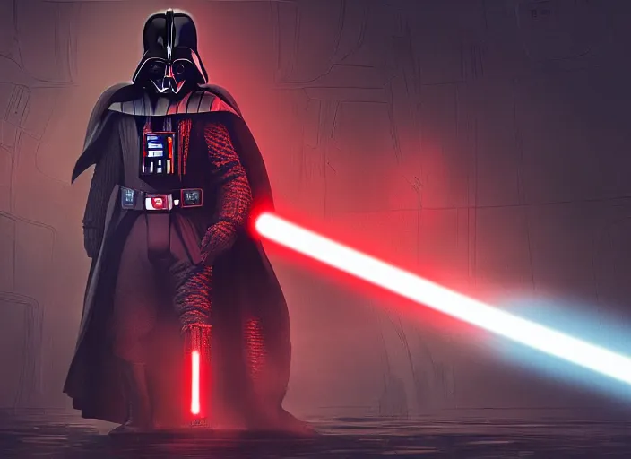 Image similar to a dramatic highly detailed render of darth vader with red lightsaber drawn facing a cute toddler with its back to the camera, futuristic star wars vibe, by WLOP and Artgerm and Greg Rutkowski and Alphonse Mucha, Beautiful dynamic dramatic dark moody lighting, shadows, cinematic atmosphere, Artstation, concept design art, Octane render, 8K, masterpiece, sharp focus, hyperrealistic