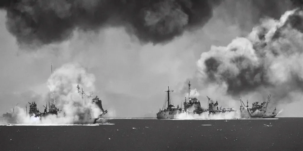 Prompt: punk-punk naval battle, shots fired, clouds of smoke, cinematic wide shot, aerial view, high res, 120 film black and white photograph