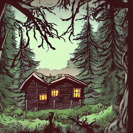 Image similar to a illustration of a Eerie cabin in the middle of the woods in the style of Stan lee comic book