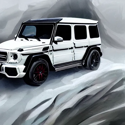 Image similar to White 2019 Mercedes G63, highly detailed, digital painting, artstation, concept art, smooth, sharp focus, illustration, art by artgerm and greg rutkowski and alphonse mucha