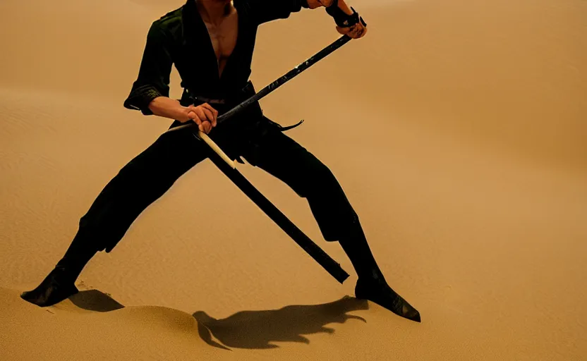 Image similar to roronoa zoro in sand dunes, photography