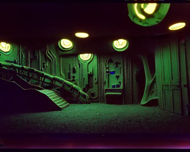 Image similar to low angle shot of a space port at night, aquatic plants, shabby chic, cinematography by Jim Jarmusch, composition by Hale Woodruff,in the style of Nan Goldin, set design by Antonin Gaudí, 35mm, graflex, color film photography