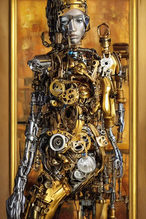 Prompt: brass semi - mechanical woman, portrait, floral art novuea dress, oil on canvas, in steampunk cityscape, golden hour, robotic prosthetic limbs