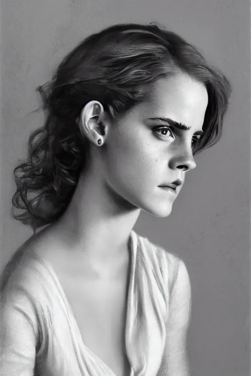 Prompt: emma watson gathered faille v - neck detailed portrait painting by gaston bussiere craig mullins j. c. leyendecker award winning photograph photorealsitic octane render photograph by richard avedon peter lindbergh monochrome studio lighting