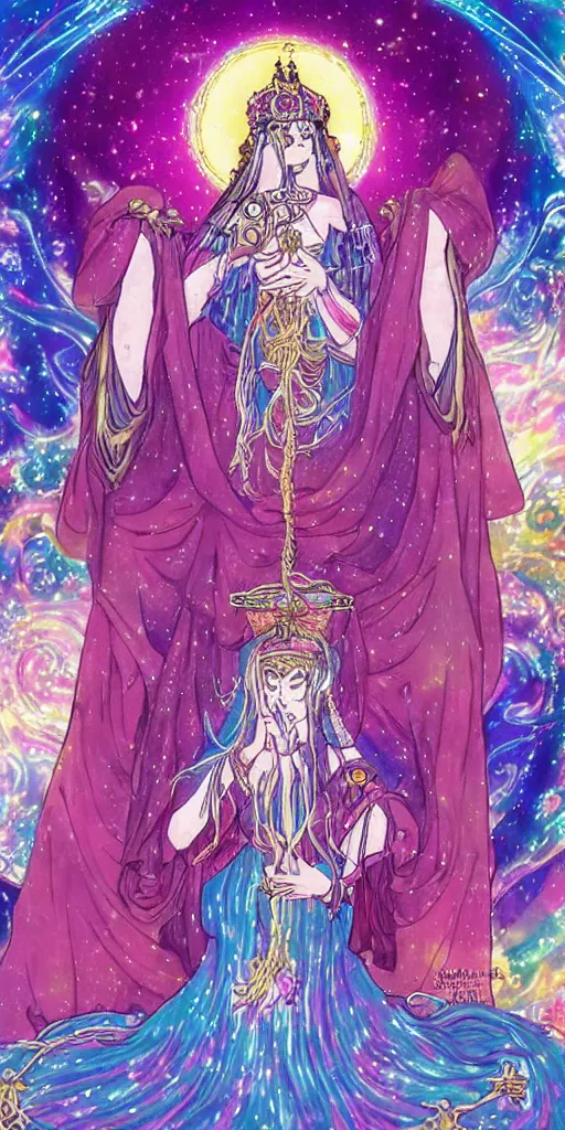 Image similar to a mystical woman priestess sitting on a throne, the divine feminine, drawn by studio UFOTABLE, psychedelic, pastel colors, Tarot cards. The empress tarot card, detailed, anime