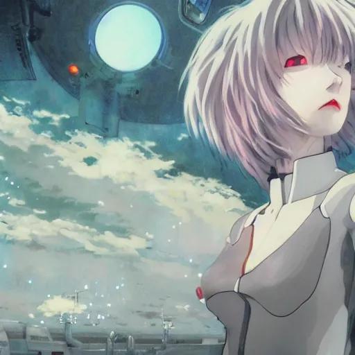 Image similar to Rei Ayanami, female anime character, inside a space station, shot from the ground by Yoshiyuki Sadamoto, digital art, trending on artstation, low level, 8K UHD image, octane render, Howl's Moving Castle, tranquil divine observer Nymph by ismail inceoglu nicola samori dragan bibin hans thoma greg rutkowski Alexandros Pyromallis Nekro Rene Margitte illustrated, official anime key media, hyper realistic vfx simulation, intricately detailed.