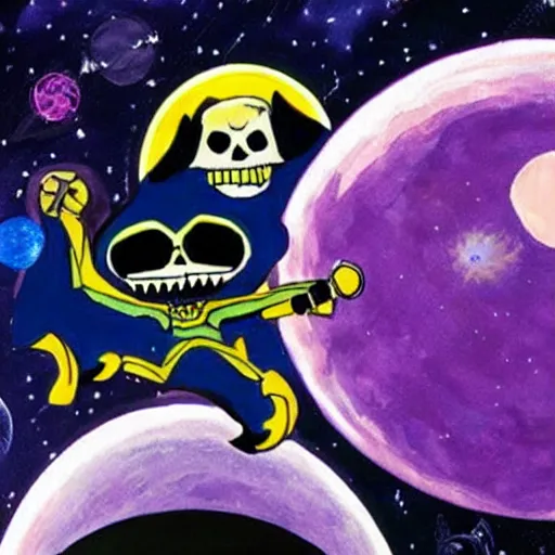 Image similar to skeletor riding a giant black cat in outer space