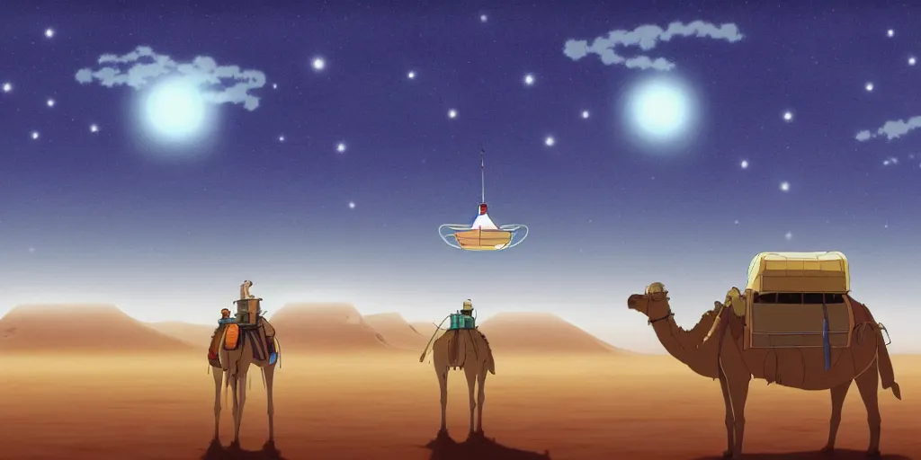 Image similar to a cell - shaded studio ghibli concept art of a silver hovering ufo shining a spotlight on a camel caravan in a flooded stonehenge desert road gas station on a misty starry night. very dull colors, hd, 4 k, hq