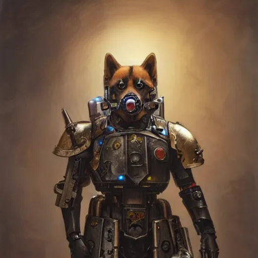 Image similar to warhammer 4 0 k emperor armor realistic cyborg anthropomorphic shiba inu scifi cyberpunk, portrait art by donato giancola and greg rutkowski, realistic face, digital art, trending on artstation, symmetry