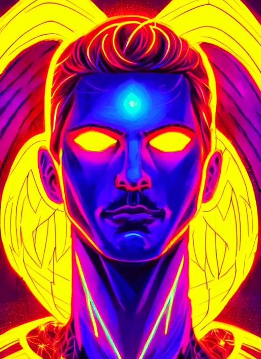 Image similar to symmetry!! concept art, art by dan mumford!!, full shot, sketch!! of a male angel, intricate, elegant, bright neon colors, glowing lights, highly detailed, digital painting, artstation, glamour pose, smooth, sharp focus, illustration,