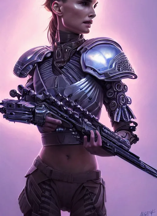 Prompt: portrait of a beautiful female soldier from the future wearing biomechanical armor, natalie portman, carrying a rifle, intricate, elegant, glowing lights in armor, highly detailed, digital painting, artstation, glamor pose, concept art, smooth, sharp focus, illustration, epic angle, art by artgerm and greg rutkowski, artey freytag, alvin schwartz