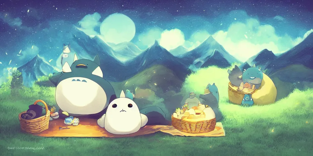 Image similar to glowing snorlax and totoro doing a picnic, mountain landscape, night sky, digital art, digital painting, celestial, majestic, colorful