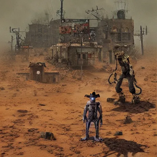 Prompt: a hyperrealistic painting of a ghost town with cowboy pepe the frog teleporting through portals and robotic aliens, apocalyptic desert, cinematic horror by chris cunningham, richard corben, highly detailed, vivid color, beksinski painting, part by junji ito and gerhard richter. art by takato yamamoto. masterpiece