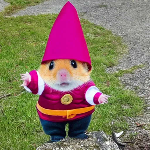 Prompt: a hamster in a gnome costume