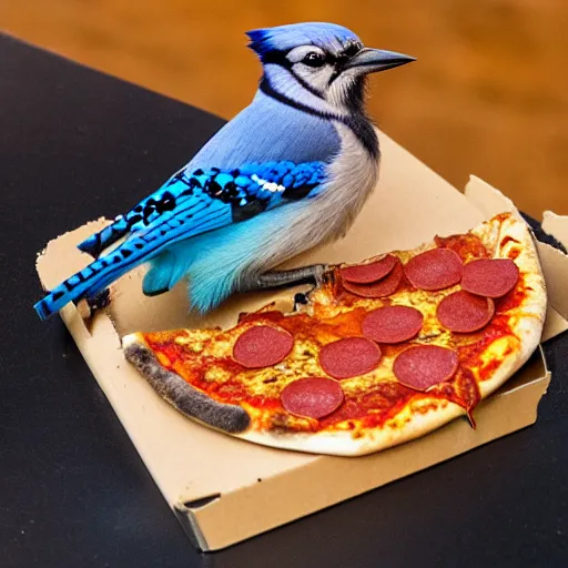 Image similar to bluejay eating pizza