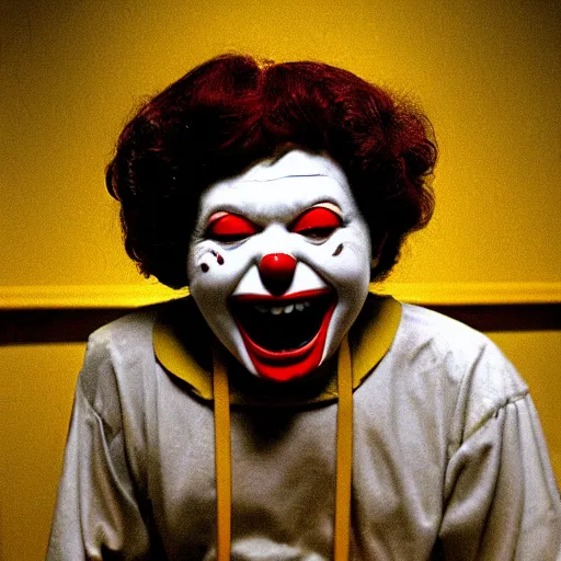 Image similar to creppy 2 0 0 1 photo of ronald mcdonald screaming in a dark room