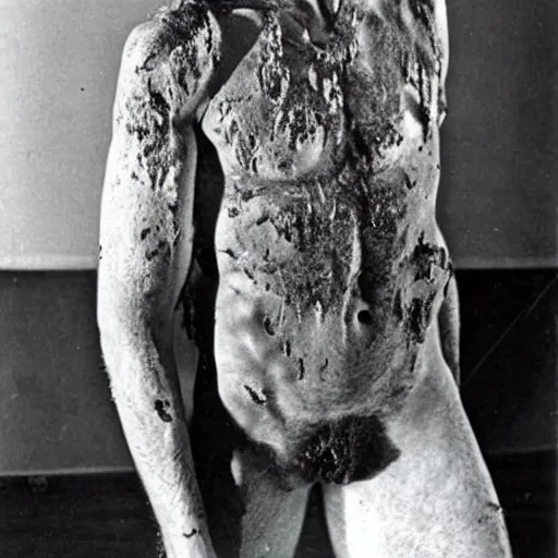 Image similar to man covered in soot, bulging eyes, photo from the 70s
