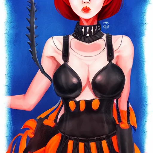 Prompt: illustrated realistic portrait of ram-horned devil woman with blue bob hairstyle and her tangerine colored skin and with <black evil eyes> wearing leather by rossdraws