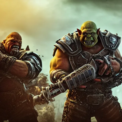Prompt: orcs from warhammer in gears of war battlefield 5, fantasy, splash art, movie still, cinematic lighting, dramatic, octane render, long lens, shallow depth of field, bokeh, anamorphic lens flare, 8 k, hyper detailed, 3 5 mm film grain