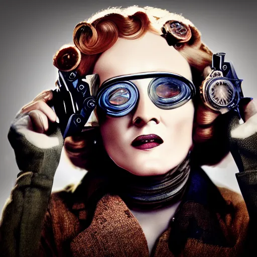 Prompt: portrait still of a young marlene dietrich wearing steampunk goggles, photorealistic, 4 k, octane render, by wayne barlow, alphonse michael,