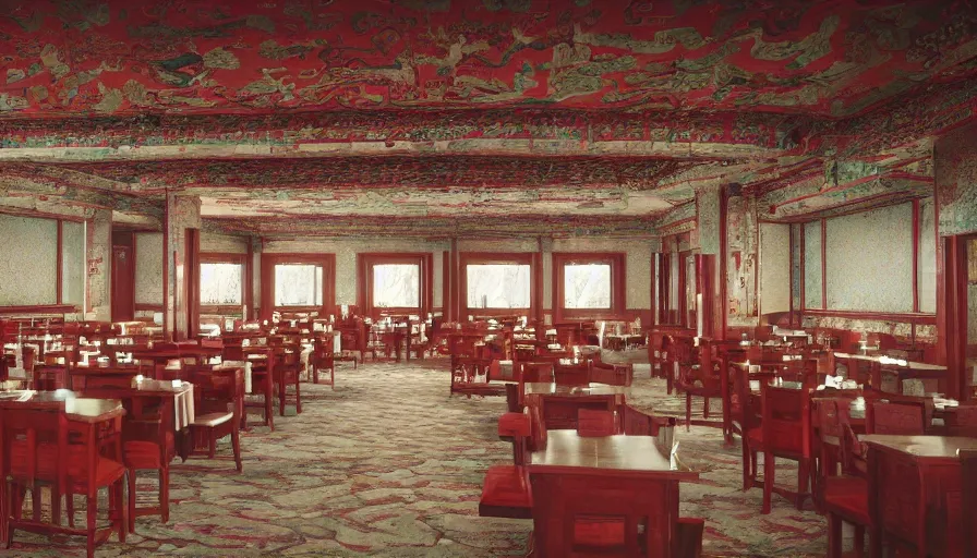 Image similar to 2010s movie still of empty north-korean royal restaurant palace post-stalinist style, eastmancolor, heavy grain, high quality, higly detailed