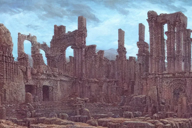 Image similar to intricate, 3 d, ancient city ruins, style by caspar david friedrich and wayne barlowe and ted nasmith.