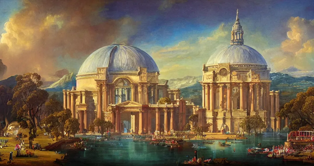 Image similar to the san francisco palace of fine arts during the intergalactic futuristic fair, romantic era painting, majestic