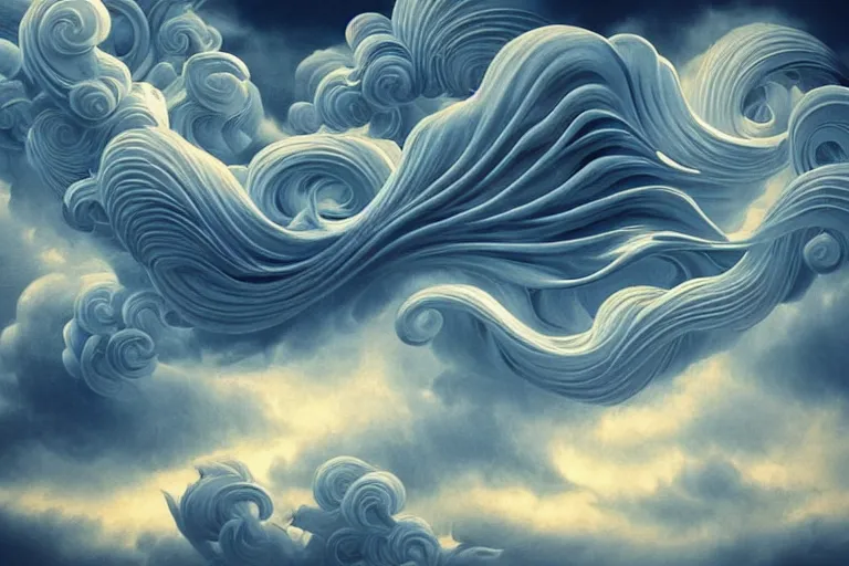 Image similar to a huge flock of many elaborate intricate smooth sculptural whirling elegant clouds puffy filigreed twisting turning cloud sculptures, tornadoes, art nouveau military environment, soothing, crepuscular, award winning art, epic dreamlike fantasy landscape, ultra realistic,