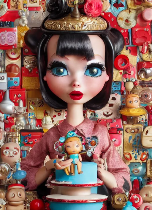 Image similar to closeup portrait of tin toy tin toy elvira eating cakes, depth of field, zeiss lens, detailed, symmetrical, centered, fashion photoshoot, by nicoletta ceccoli, mark ryden, lostfish, earl nore, hyung tae, frank frazetta, breathtaking, 8 k resolution, extremely detailed, beautiful, establishing shot, artistic, hyperrealistic, octane render