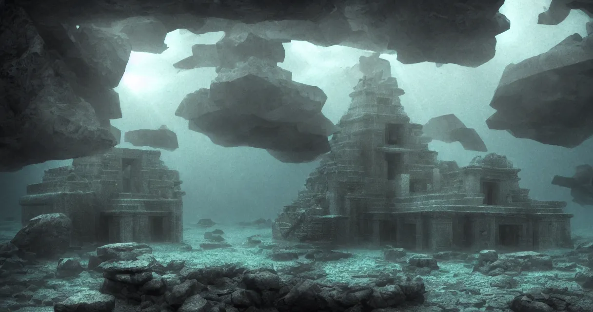 Prompt: wide shot, submerged pre - incan temple, carvings, dark, grenada underwater sculpture park, bubbles, abyss, stylized, anime style mixed with fujifilm, detailed gouache paintings, crepuscular rays, dark, murky, foggy, atmospheric, artstation, cgsociety, octane render, cgi, unreal engine 5, denoise, cinematic masterpiece