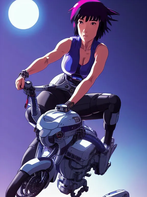 Prompt: a fullbody portrait of motoko kusanagi riding on top of a tachikoma, the major ghost in the shell : : stand alone complex, under repairs, maintenance : : by ilya kuvshinov, rossdraws, artgerm, sola digital arts, anti aliasing, raytracing : :