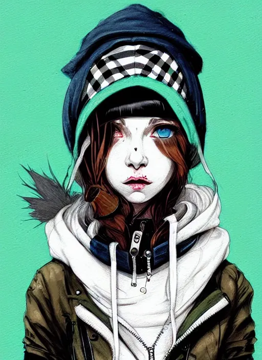 Image similar to highly detailed portrait of a sewer punk lady student, blue eyes, burberry hoody, hat, white hair by atey ghailan, by greg tocchini, by kaethe butcher, gradient green, black, brown, cream and blue color scheme, grunge aesthetic!!! ( ( graffiti tag wall flat colour background ) )