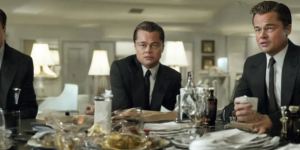 Prompt: Brad Pitt as Leonardo DiCaprio in 'The Wolf Of Wallstreet' (2013), movie still frame