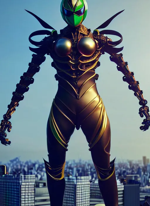 Image similar to kamen rider, human structure bee concept art, human anatomy, wings, intricate detail, hyperrealistic art and illustration by irakli nadar and alexandre ferra, unreal 5 engine highlly render, global illumination, in tokyo cyber night rooftop