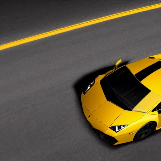 Image similar to Photograph of a yellow Lamborghini going fast on a highway, at night, 8k, focused, ultra-realistic, high detailed