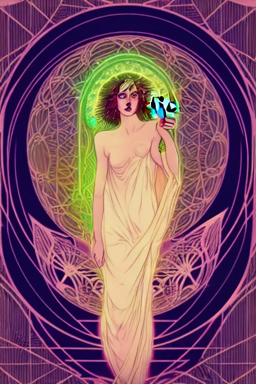 Prompt: ethereal, numinous goddess of solarpunk draped in magic, offering the viewer a pill, glowing eyes, intense stare, highly detailed portrait, minimal, warm colors, art deco, art nouveau, decorative border