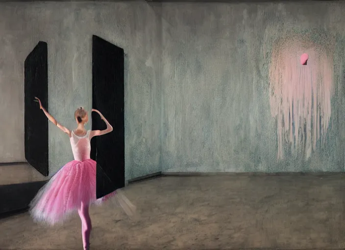 Prompt: portrait of nervous young girl ballerina focusing in a dance hall by beeple and hernan bas and francis bacon and pat steir and hilma af klint, psychological, photorealistic, symmetrical face, dripping paint, washy brush, matte painting, rendered in octane, altermodern, masterpiece