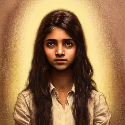 Image similar to portrait of a british teenage girl with wavy black hair, mixed desi girl with dark brown skin, half english half indian, glowing skin, fantasy, intricate, elegant, dress shirt, school uniform, highly detailed, digital painting, artstation, concept art, smooth, sharp focus, illustration, art by Krenz Cushart and Artem Demura and alphonse mucha