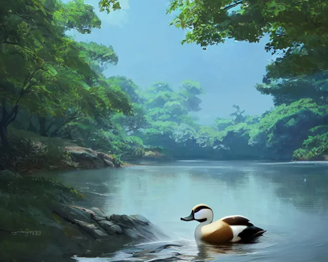 Prompt: a duck swimming in a river, ripples, reflections. Shady, trees bent over river, rocky shores. By Makoto Shinkai, Stanley Artgerm Lau, WLOP, Rossdraws, James Jean, Andrei Riabovitchev, Marc Simonetti, krenz cushart, Sakimichan, trending on ArtStation, digital art.