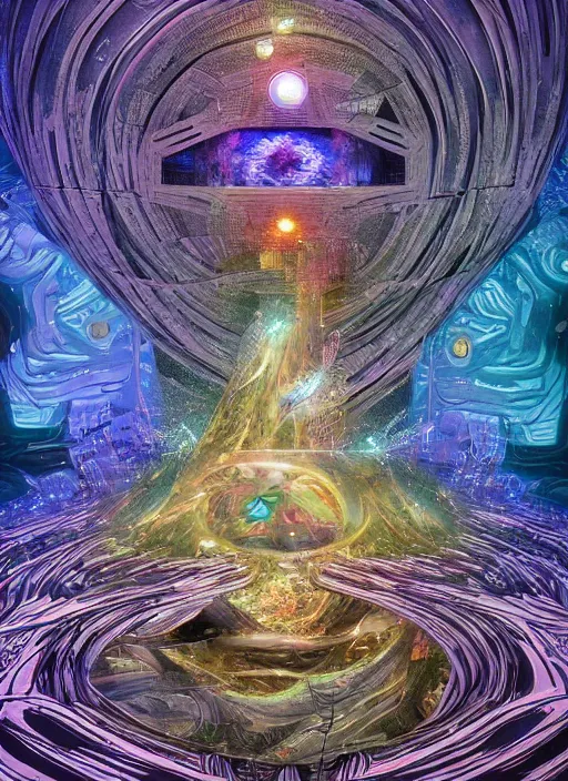 Image similar to the machine universe encounters a living cosmos inside an asymmetric orthogonal non - euclidean upside down inside out world with an infinite cosmic spiral waterfall of living information, inspired by android jones and blake foster, hyperrealistic, extreme detail, digital art, concept art, rendered in cinema 4 d, cryengine 8 k